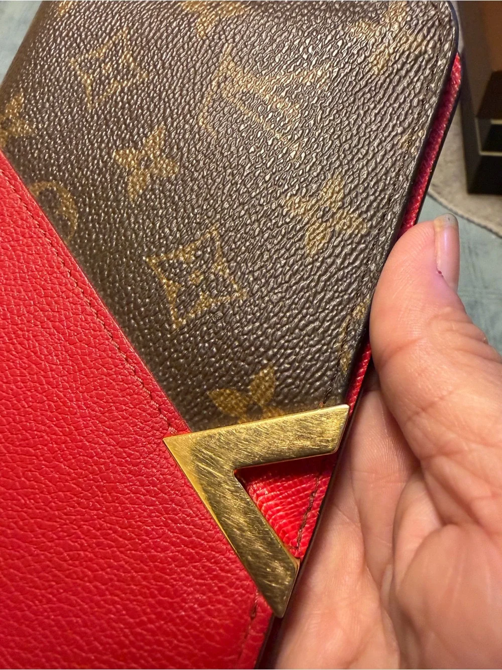 Louis Vuitton Red and Brown Monogram Phone Wallet with Gold Accent/KIMONO